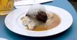 Glazed cheek of Iberian pork in sherry and cream with rice and m Glazed cheek of Iberian pork in sherry and cream with rice and m