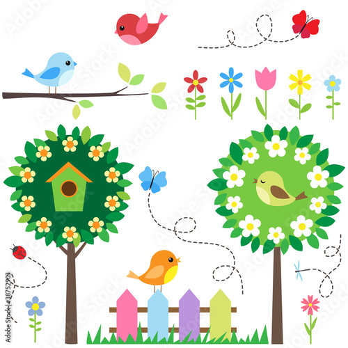 Vector: Garden set with birds, blooming trees, flowers and insects. Garden set with birds, blooming trees, flowers and insects.