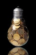 Traditional glass bulb with many golden coins on black Traditional glass bulb with many golden coins on black
