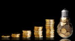 Traditional glass bulb with many golden coins on black Traditional glass bulb with many golden coins on black