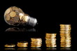 Traditional glass bulb with many golden coins on black Traditional glass bulb with many golden coins on black