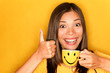 Photo: Woman drinking coffee happy thumbs up Woman drinking coffee happy thumbs up