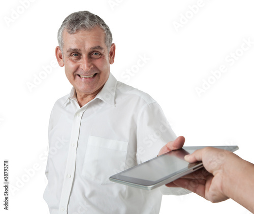 Photo: Business man with modern tablet pc, touch pad, smart phone Business man with modern tablet pc, touch pad, smart phone