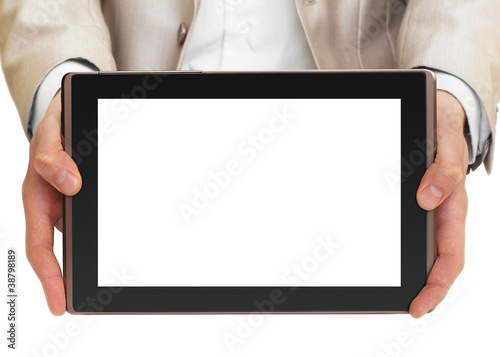 Photo: businessman holding tablet pc with white screen businessman holding tablet pc with white screen