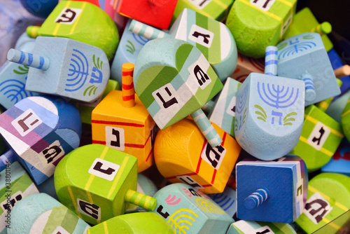Photo: close up of hanukkah dreidels close up of hanukkah dreidels