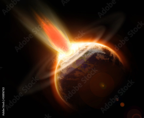 Illustration: Earth mass extinction doomsday event from a comet impact Earth mass extinction doomsday event from a comet impact