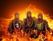 Three medieval knights  on flame background.