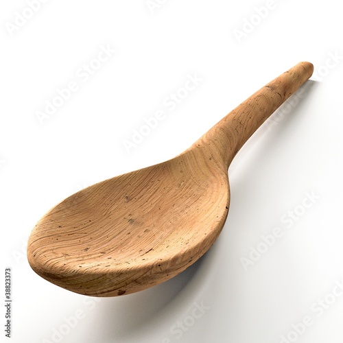 Illustration: Old Wooden Spoon isolated on white background; 3D illustration Old Wooden Spoon isolated on white background; 3D illustration