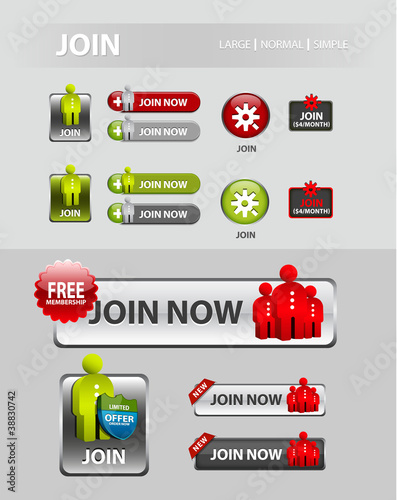 Vector: Join now button, user registration icons and buttons Join now button, user registration icons and buttons