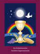 Kommunionskarte mit Kelch, Brot, Regenbogen, Fische..