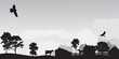 grey landscape with trees and village