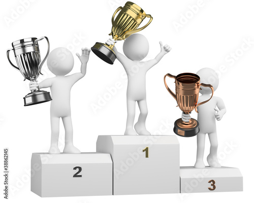 Illustration: 3D athletes on the podium of winners 3D athletes on the podium of winners