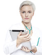 Foto: Young woman doctor doing her diagnose with touchpad Young woman doctor doing her diagnose with touchpad