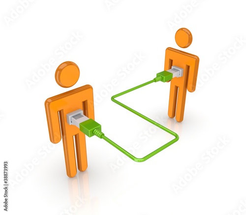 Illustration: 3d small people merged with a green patchcord. 3d small people merged with a green patchcord.