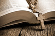 wooden rosary on the open Bible