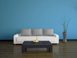 Interior with a white sofa and a black table