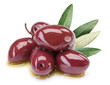 Purple olives in oil with leaves