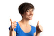 happy girl show thumbs up smile blue t-shirt on white background happy girl show thumbs up smile blue t-shirt on white background