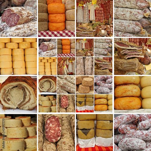 Photo: collage with sausages and cheese collage with sausages and cheese