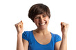 happy smiling young woman joy raised fist blue t-shirt happy smiling young woman joy raised fist blue t-shirt