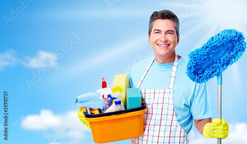Photo: Professional cleaner man. Professional cleaner man.