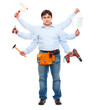 Construction worker with six hands. Do-all man concept