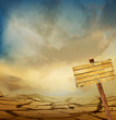Vektor: vector desert landscape with a wooden plaque vector desert landscape with a wooden plaque