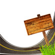 Vektor: asphalt road with to pointing wooden sign asphalt road with to pointing wooden sign