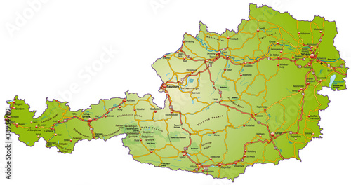 Vektor: Landkarte von Österreich mit Verkehrsnetz in bunt Landkarte von Österreich mit Verkehrsnetz in bunt