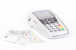 bank terminal, credit card and money isolated on white