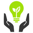 Green ecology bulb in open hands