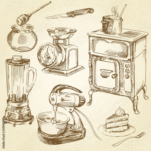 Vector: vintage cookware, kitchen utensil - hand drawn set vintage cookware, kitchen utensil - hand drawn set