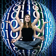 beautiful young woman with six hands on binary futuristic backgr