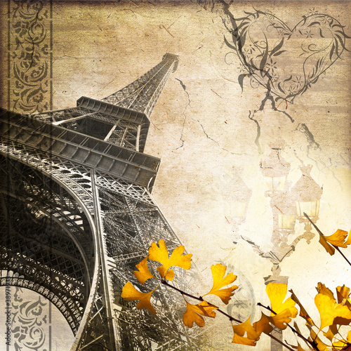 Illustration: Collage carré tour Eiffel romantique rétro Collage carré tour Eiffel romantique rétro