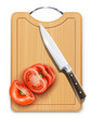 tomato cuted segment with knife on hardboard vector