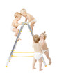 Group of babies climbing on stepladder, fighting for first place