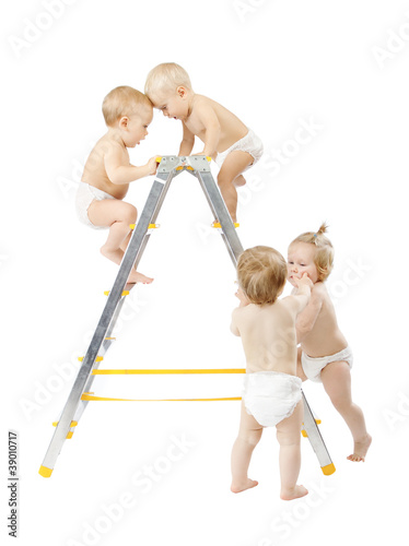 Photo: Group of babies climbing on stepladder, fighting for first place Group of babies climbing on stepladder, fighting for first place