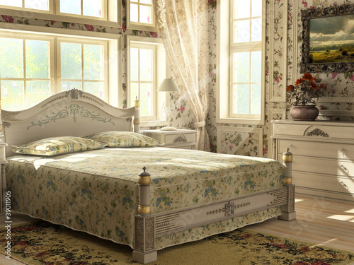Photo: Antique luxury bedroom with large windows lighting the room. Flo Antique luxury bedroom with large windows lighting the room. Flo