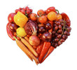 rotes herz, gelegt aus obst und gemüse