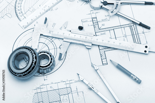 Photo: The plan industrial details, a protractor, caliper, divider and The plan industrial details, a protractor, caliper, divider and