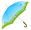 blue umbrella with grass, flowers and butterflies blue umbrella with grass, flowers and butterflies