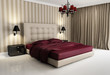 Chic luxury hotel biege, red,  bedroom, with chandelier