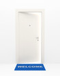 The white door and blue rug.