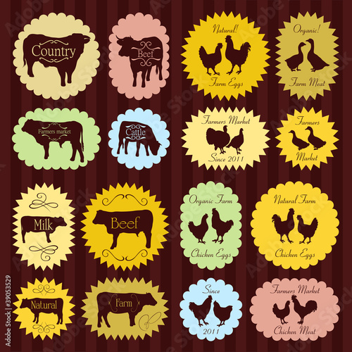 Vector: Farm animals market egg and meat labels food illustration Farm animals market egg and meat labels food illustration