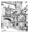 Rouen, the big clock, Normandy, France, vintage engraving.