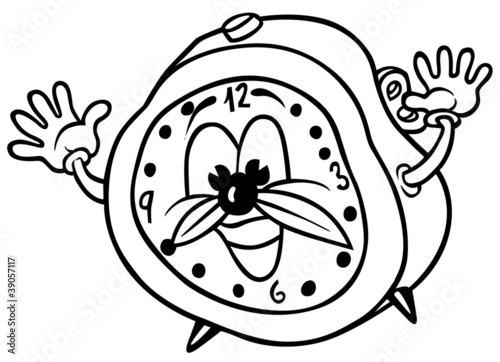 Illustration: Alarm Clock - Black and White Cartoon Alarm Clock - Black and White Cartoon