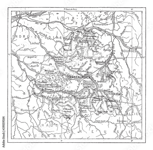 Vector: Map of Department of Indre vintage engraving Map of Department of Indre vintage engraving