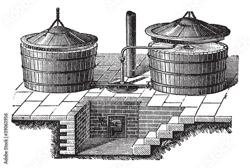Vector: Old Washing machine with steam pressure vintage engraving Old Washing machine with steam pressure vintage engraving
