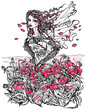 Illustration: Ink Illustration of a female allegory of summer on poppy field Ink Illustration of a female allegory of summer on poppy field
