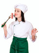 Photo: Chef woman smell fresh meat chunk Chef woman smell fresh meat chunk